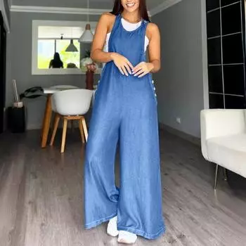 Летний женский комбинезон без рукавов с открытой спиной и круглым вырезом в стиле ретро, декор на пуговицах, широкий однотонный комбинезон OL для отпуска, длинный комбинезон на подтяжках XL синий