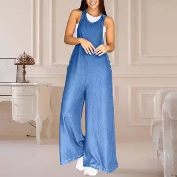 Летний женский комбинезон без рукавов с открытой спиной и круглым вырезом в стиле ретро, декор пуговицами, широкий однотонный комбинезон OL для поездок на работу, длинный комбинезон на подтяжках XL синий