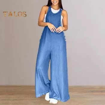 Летний женский комбинезон без рукавов с открытой спиной и круглым вырезом в стиле ретро, декор пуговицами, широкий однотонный комбинезон OL для поездок на работу, длинный комбинезон на подтяжках XL синий