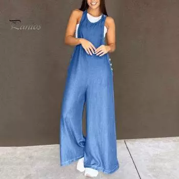Летний женский комбинезон без рукавов с открытой спиной и круглым вырезом в стиле ретро, декор пуговицами, широкий однотонный комбинезон OL для поездок на работу, длинный комбинезон на подтяжках XL синий