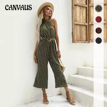 Летний женский комбинезон без рукавов с поясом в горошек, висящий на шее, с бретелькой на шее, широкий комбинезон, брюки с девятью точками S чёрный
