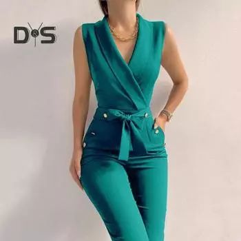 Летний женский комбинезон без рукавов с V-образным вырезом, облегающий, с пуговицами, на шнуровке, однотонный, с широкими штанинами, деловой, деловой, дорожный комбинезон M зелёный