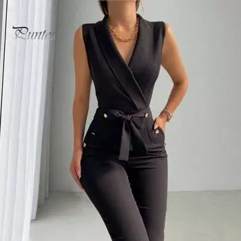 Летний женский комбинезон без рукавов с V-образным вырезом, облегающий, с пуговицами, на шнуровке, однотонный, с широкими штанинами, деловой, деловой, дорожный комбинезон M зелёный