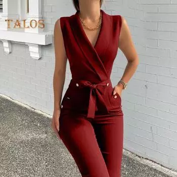 Летний женский комбинезон без рукавов с V-образным вырезом, облегающий, с пуговицами, на шнуровке, однотонный, с широкими штанинами, деловой, деловой, дорожный комбинезон M зелёный