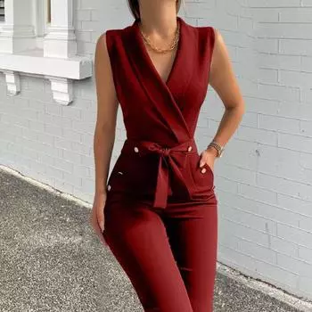 Летний женский комбинезон без рукавов с V-образным вырезом, облегающий, с пуговицами, на шнуровке, однотонный, широкий M зелёный