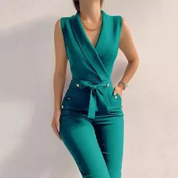 Летний женский комбинезон без рукавов с V-образным вырезом, облегающий, с пуговицами, на шнуровке, однотонный, с широкими штанинами, деловой, деловой, дорожный комбинезон M зелёный