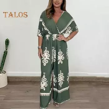 Летний женский комбинезон больших размеров с принтом, широкий крой, V-образный вырез, свободный, с высокой талией, с коротким рукавом, плиссированный, с глубокой промежностью, богемный пляжный длинный комбинезон