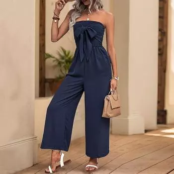 Летний женский комбинезон, комбинезон-бюстье с бантом, брюки S темно-синий