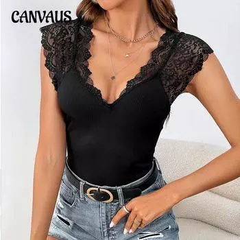 Летний женский комбинезон, кружевной комбинезон с v-образным вырезом, темпераментный сексуальный цельный топ с короткими рукавами, тонкий топ для пикантных девушек S чёрный