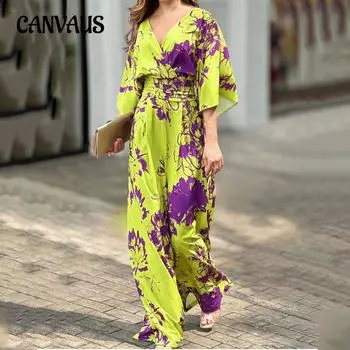 Летний женский комбинезон, модный элегантный комбинезон с V-образным вырезом и рукавами летучая мышь с принтом на талии S жёлтый