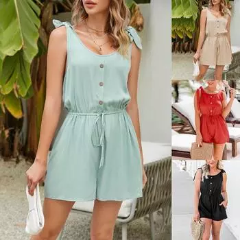 Летний женский комбинезон на шнуровке с карманами и поясом, однотонный однотонный однотонный комбинезон на пуговицах, повседневный удобный модный комбинезон с украшением L бежевый