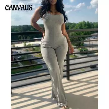 Летний женский комбинезон плюс размер U-образный вырез с лямкой на шее без рукавов Карманный дизайн Повседневный комбинезон