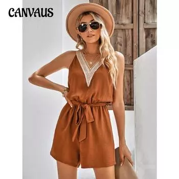 Летний женский комбинезон, повседневный кружевной однотонный комбинезон без рукавов с v-образным вырезом S чёрный