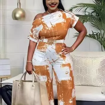 Летний женский комбинезон прямого кроя с принтом S жёлтый