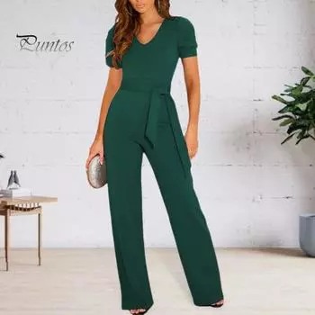 Летний женский комбинезон, прямой, широкий крой, потайная молния, короткие рукава, V-образный вырез, однотонный, на шнуровке, с поясом, с узкой талией, OL, стиль для поездок, глубокая промежность, на каждый день L темно-зеленого