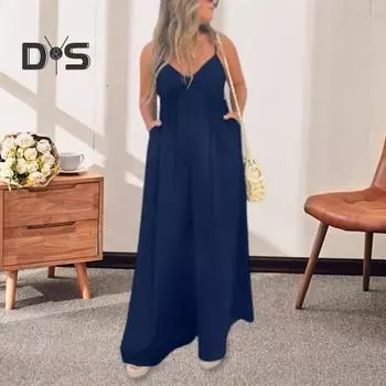 Летний женский комбинезон с глубоким V-образным вырезом, без рукавов, с открытой спиной, с широкими штанинами, свободный, однотонный, плиссированный, на бретельках, повседневный пляжный длинный комбинезон для отдыха XXXL синий
