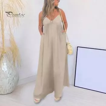 Летний женский комбинезон с глубоким V-образным вырезом, без рукавов, с открытой спиной, с широкими штанинами, свободный, однотонный, плиссированный, на бретельках, повседневный пляжный длинный комбинезон для отдыха XXXL синий