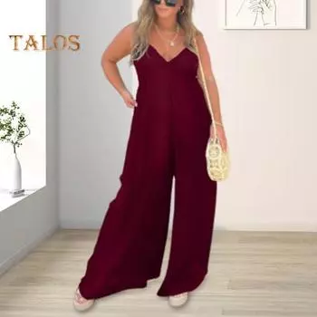 Летний женский комбинезон с глубоким V-образным вырезом, без рукавов, с открытой спиной, с широкими штанинами, свободный, однотонный, плиссированный, на бретельках, повседневный пляжный длинный комбинезон для отдыха XXXL синий