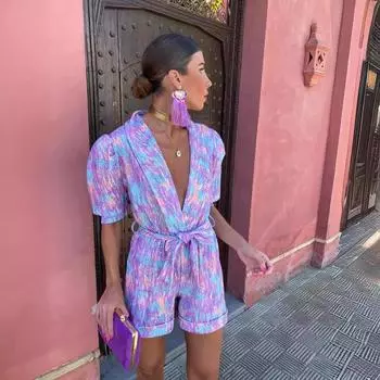 Летний женский комбинезон с глубоким V-образным вырезом и коротким рукавом, эластичным поясом и вставными карманами S красный