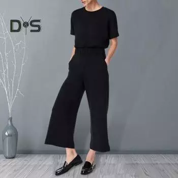 Летний женский комбинезон с круглым вырезом, короткими рукавами, эластичной талией, широкими штанинами и боковыми карманами, сплошной цвет, свободный повседневный комбинезон длиной до щиколотки, длинный комбинезон 2XL чёрный
