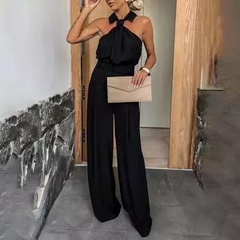 Летний женский комбинезон с лямкой на шее и лацканами, с открытыми плечами, без рукавов, на молнии сзади, с высокой талией и широкими штанинами M розы красного