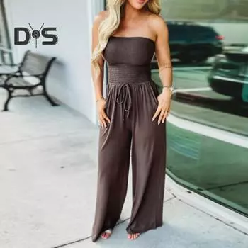 Летний женский комбинезон с открытыми плечами, эластичный бюст, широкие брюки, сплошной цвет, плиссированные боковые карманы со шнурком, длинный комбинезон-бандо с открытой спиной 2XL армия зеленый