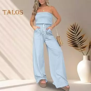 Летний женский комбинезон с открытыми плечами, топ-труба, без рукавов, с открытой спиной, боковые карманы, широкие брюки, шнурок, высокая талия, полосатый принт, повседневный пляжный отдых, длинный M хаки