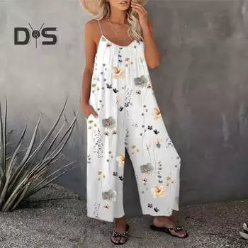 Летний женский комбинезон с регулируемым ремешком на тонких бретельках, без рукавов, с открытой спиной, с широкими штанинами, свободный цветочный принт, глубокая промежность, боковые карманы, плиссированные, для отдыха, пляжа S хаки