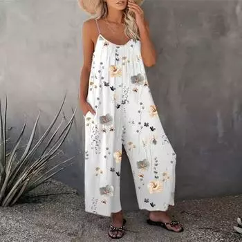 Летний женский комбинезон с регулируемым ремешком на тонких бретельках, без рукавов, с открытой спиной, с широкими штанинами, свободный цветочный принт, глубокая промежность, боковые карманы, плиссированные, для отдыха, пляжа S хаки