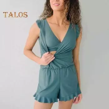 Летний женский комбинезон с рюшами и V-образным вырезом с высокой талией, чистый цвет, мягкий плиссированный облегающий комбинезон без рукавов, пляжный короткий комбинезон для свиданий M чёрный