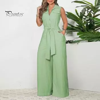 Летний женский комбинезон с широкими штанинами, без рукавов, сплошной цвет, боковые карманы, OL, коммутационный стиль, пояс на талии, половина молнии, глубокий промежность с лацканами, повседневный офисный комбинезон 2XL зелёный