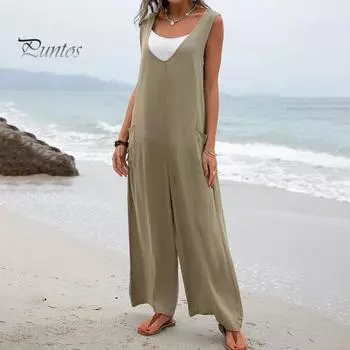 Летний женский комбинезон с V-образным вырезом, широкими штанинами и глубокой промежностью, без рукавов, свободный однотонный пуловер с боковыми карманами, повседневная повседневная одежда, комбинезон полной длины M хаки