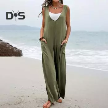 Летний женский комбинезон с V-образным вырезом, широкими штанинами и глубокой промежностью, без рукавов, свободный однотонный пуловер с боковыми карманами, повседневная повседневная одежда, комбинезон полной длины M хаки