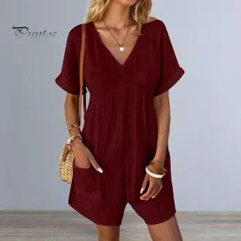 Летний женский комбинезон с v-образным вырезом, короткими рукавами «летучая мышь», плиссированные лоскутные карманы, сплошной цвет, свободный пуловер с глубокой промежностью, повседневный пляжный комбинезон M чёрный