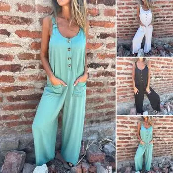 Летний женский комбинезон с V-образным вырезом, без рукавов, свободный, широкий, с пуговицами, однотонный, глубокий комбинезон с боковыми карманами, повседневная домашняя одежда для отпуска XXL небесно-голубой