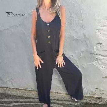 Летний женский комбинезон с V-образным вырезом, без рукавов, свободный, широкий, с пуговицами, однотонный, глубокий комбинезон с боковыми карманами, повседневная домашняя одежда для отпуска XXXL небесно-голубой