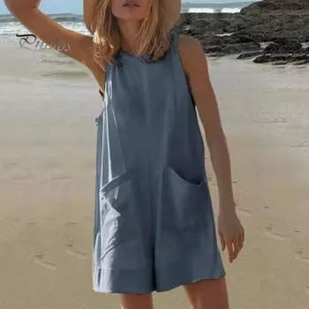 Летний женский комбинезон, свободный мягкий комбинезон без рукавов с круглым вырезом, однотонный, с открытой спиной, большими карманами, с глубокой промежностью, повседневный короткий комбинезон M темно-серого