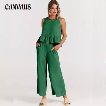 Летний женский комбинезон, удобный повседневный плиссированный жилет без рукавов, широкие брюки, брюки с девятью точками, повседневный костюм S зелёный