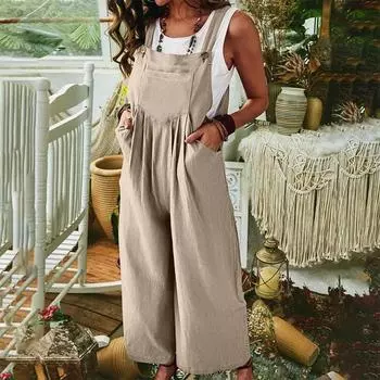 Летний женский комбинезон, утолщенный хлопок рами, однотонный повседневный комбинезон без рукавов с широкими штанинами и боковой пряжкой S чёрный