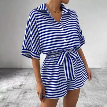 Летний женский комбинезон в полоску контрастного цвета со шнуровкой и эластичным поясом, цельный комплект с короткими рукавами S чёрный