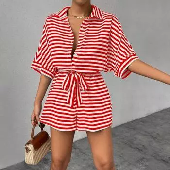 Летний женский комбинезон в полоску контрастного цвета со шнуровкой и эластичным поясом, цельный комбинезон с короткими рукавами и отложным воротником, полуоднобортный короткий комбинезон S