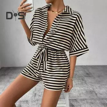 Летний женский комбинезон в полоску контрастного цвета со шнуровкой и эластичным поясом, цельный комбинезон с короткими рукавами и отложным воротником, полуоднобортный короткий комбинезон S красный