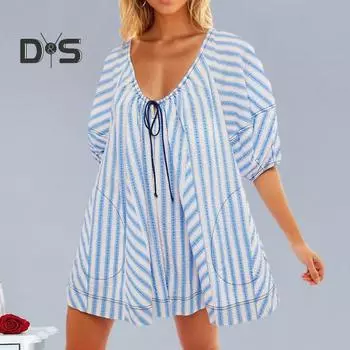 Летний женский комбинезон в полоску с принтом в стиле пэчворк, большой размер с v-образным вырезом и шнурком трапециевидной формы, большие качели с пышными рукавами, женский пляжный комбинезон S зелёный