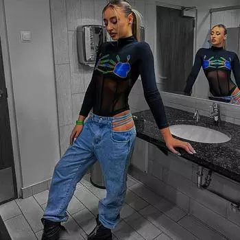 Летний женский комбинезон Y2K с круглым вырезом и длинными рукавами из сетчатого материала с принтом S чёрный