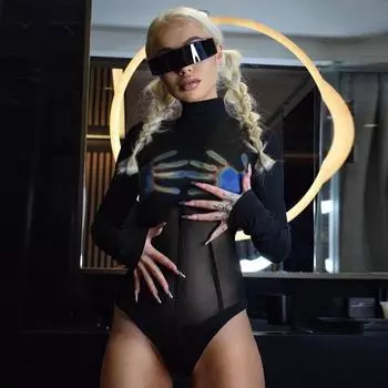 Летний женский комбинезон Y2K с круглым вырезом и длинными рукавами из сетчатого материала с принтом S чёрный