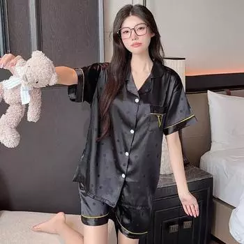 Летний женский комплект из 2 предметов с коротким рукавом, черные топы и шорты, пижама женская, шелковая, модная, элегантная, роскошная, атласная, пижама с принтом в горошек M