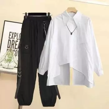 Летний женский комплект из двух частей в корейском стиле свободного покроя, рубашка с короткими рукавами, красивый костюм, свободная цепочка для брюк XXL белый