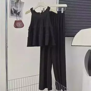 Летний женский комплект из двух предметов: топ без рукавов с круглым вырезом и свободные брюки с высокой талией 2024 года L светло-синий