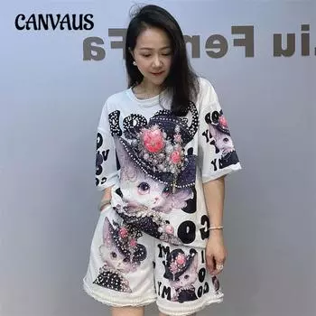 Летний женский комплект из футболки с бисером, большого размера, с 3D-принтом, с короткими рукавами и шортами One Size белый