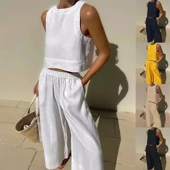 Летний женский комплект из хлопка и конопли, рубашка без рукавов с круглым вырезом, завязка на талии, широкие брюки, спортивный комплект из двух предметов XXXL белый